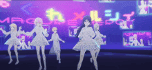 a group of anime characters are dancing in front of a sign that says magure