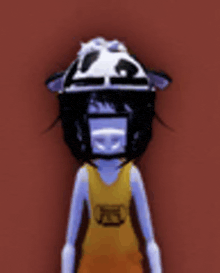 a cartoon character is wearing a helmet and a yellow shirt .