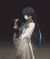 a man with long black hair is wearing a white and gold coat