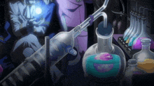 a cartoon drawing of a man holding a light behind a bottle of liquid