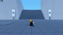 a cartoon character is holding a sword in front of a large building