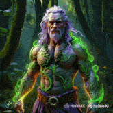 a painting of a man with purple hair and green vines around his arms