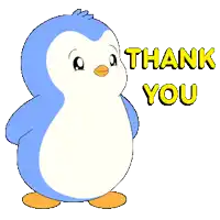 a blue and white penguin is standing next to the words thank you