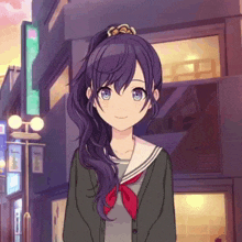 a girl with long purple hair and blue eyes is smiling