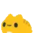 a pixel art drawing of a yellow cat with black eyes and a white nose on a white background .