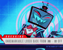 a cartoon character with a tv head is on a news channel