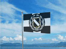 a black and white flag with the letter u on it