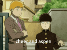two anime characters are standing next to each other with the words cheer and aspen in the corner