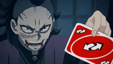 a cartoon character is holding a red uno card in his hand