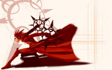 a man in a red cape is holding a sword with spikes