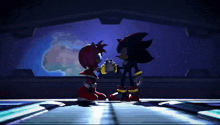 shadow the hedgehog and amy rose are standing next to each other in a dark room
