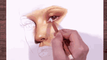 a close up of a person drawing a woman 's face with a pencil .