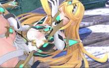a video game character with long blonde hair is laying on a wooden floor