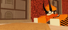 a cartoon character wearing glasses and a scarf is laying on a table