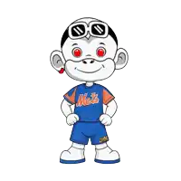a mets mascot wearing sunglasses and a blue shirt