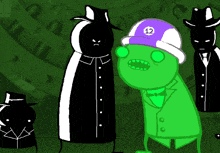 a green cartoon character wearing a purple hat with the number 12