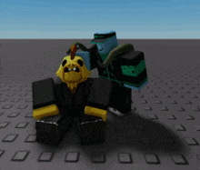 a roblox character is standing next to a yellow chicken