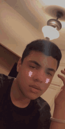a young man with teddy bears on his face takes a selfie