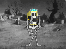 a black and white cartoon of a skeleton holding a sword