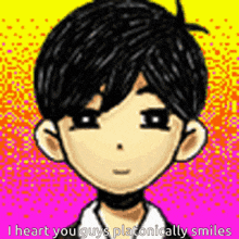 a pixel art drawing of a boy with a choker around his neck and a rainbow background .