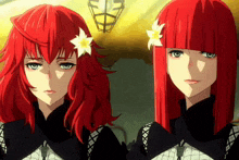 two anime characters with red hair and flowers in their hair
