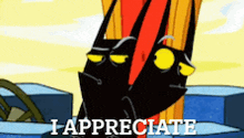 a cartoon character says " i appreciate " in front of a building