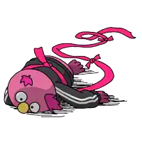 a cartoon drawing of a pink penguin with a pink ribbon around its neck
