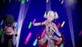 two anime girls are dancing on a stage with glowing lights behind them