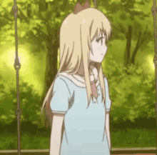 a blonde anime girl with a bow in her hair is standing in front of a swing