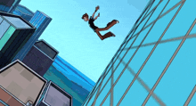a cartoon character is falling from a very tall building