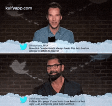 two men are standing next to each other in front of a brick wall and a twitter page that says kulfyapp.com