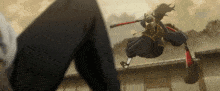 a cartoon character is jumping in the air while holding a stick