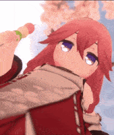 a cartoon character with red hair and blue eyes is holding a skewer