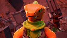 a cartoon character with a green scarf around his neck and a green eye