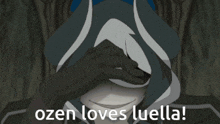 a cartoon character covering his face with his hand and the words ozen loves luella