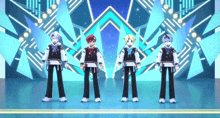 four anime characters are standing on a stage