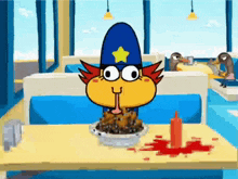 a cartoon character is sitting at a table with a bowl of food and ketchup on the table