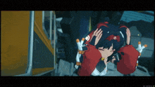 a screenshot of a video game with a girl in a red and black outfit