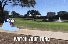 a cartoon drawing of a golf course with the words watch your tone on the bottom