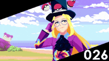 a pixel art drawing of a girl with the number 026 below her