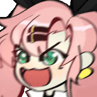 a close up of a pink haired anime character with green eyes