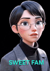 a cartoon girl wearing glasses and a turtleneck sweater with the words sweet fam on the bottom