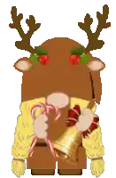 a reindeer wearing a yellow sweater is holding a bell and candy canes