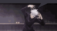 a cartoon character with white hair and a speech bubble behind him