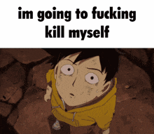 a picture of a boy with the words " im going to fucking kill myself " on it