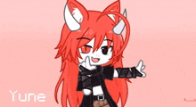 a drawing of a girl with red hair and horns is titled yune