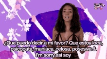 a woman in a black bikini stands in front of a purple background