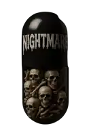 a black capsule filled with skulls and the word nightmare on it