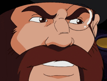 a close up of a man 's face with a beard and hat