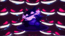 a purple monster is surrounded by a bunch of smiling faces